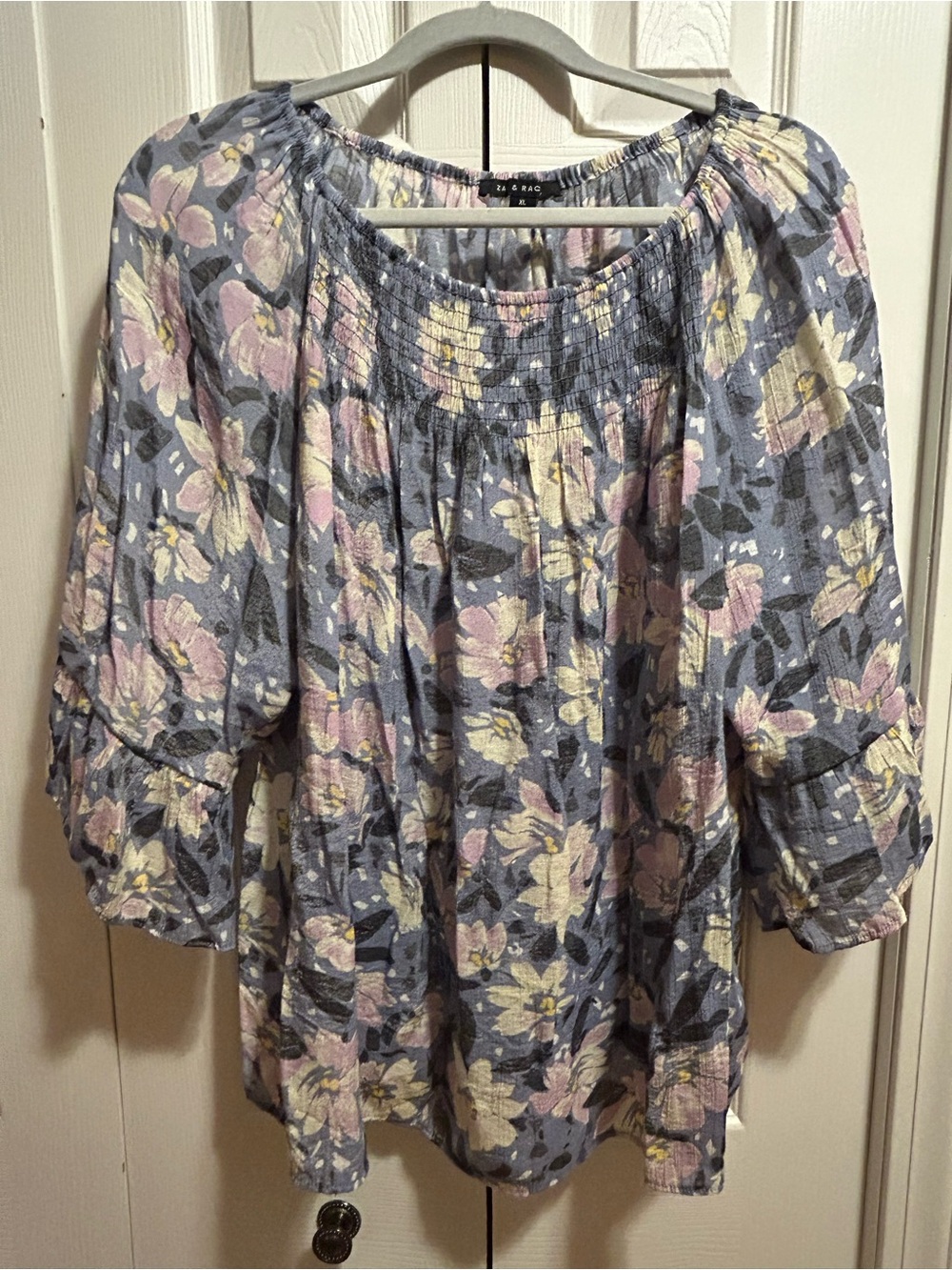 Zac & Rachel Floral Smocked Neck Peasant Blouse in Blue and Pink